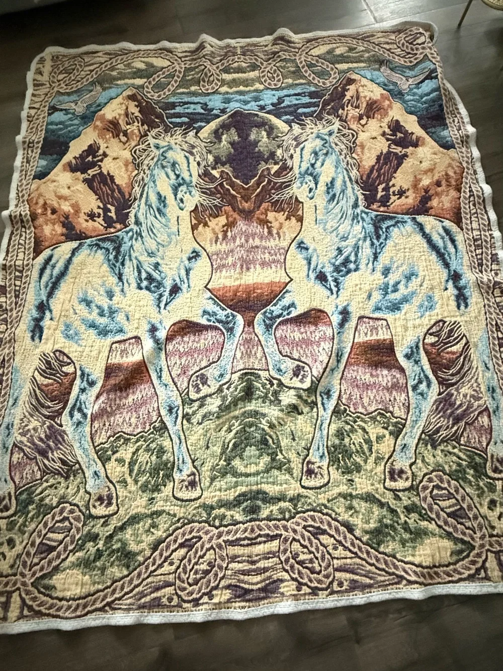 Mirrored Horse Woven Throw Blanket – Multicolor Cream & Blue